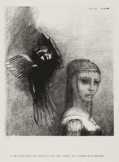 Och en stor fågel, som stiger ned från himlen, slungar sig själv mot den översta punkten av hennes hår, plåt 3 av 10, 1888 av Odilon Redon