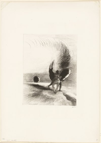 Under The Wing of Shadow bet den svarta varelsen energiskt, platta 4 av 6 av Odilon Redon
