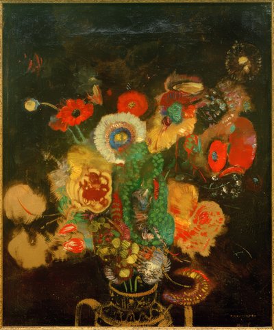 Bukett blommor mot en svart bakgrund av Odilon Redon
