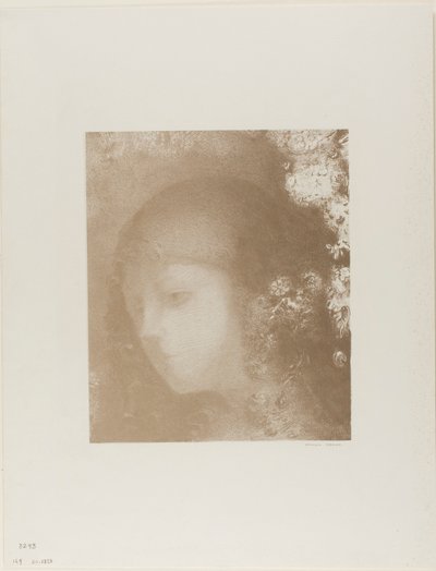 Barns huvud med blommor av Odilon Redon