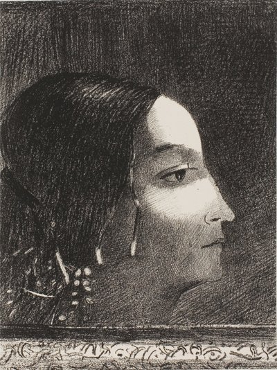 Dramatisk och grandios med hennes ansikte som en druidprästinnas av Odilon Redon