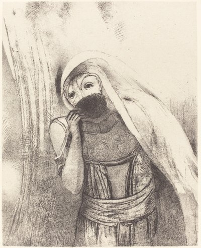 Hon drar från sin barm en svamp, helt svart, och täcker den med kyssar av Odilon Redon