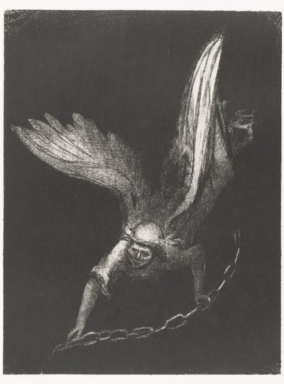 Engel träffade en ketting i zijn handen Efter det såg jag en ängel komma ner från himlen som hade nyckeln till avgrunden och en stor kedja i sin hand (titel på föremålet) Apocalypse of Saint John (serietitel) Openbaring van Johannes (serietitel) av Odilon Redon