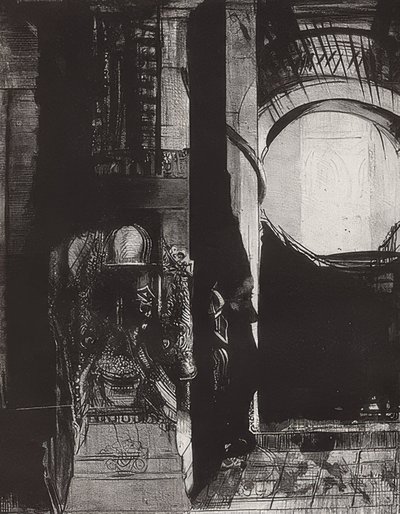 Och överallt finns basaltpelare,? Ljus faller från valven, Blatt 3 der Folge La Tentation de Saint-Antoine. 1896 av Odilon Redon