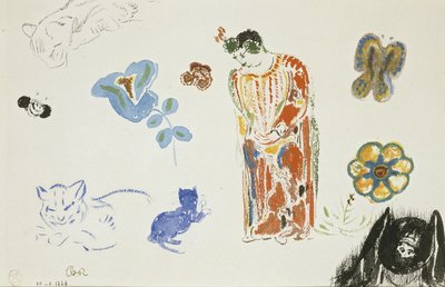 Studieblad: kvinna, blommor och djur av Odilon Redon