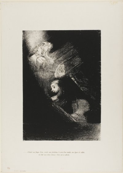 Först en vattenpöl, sedan en prostituerad, hörnet av ett tempel, en soldats ansikte, en vagn med två vita hästar, plansch 1 från The Temptation of Saint Anthony (1:a serien) av Odilon Redon