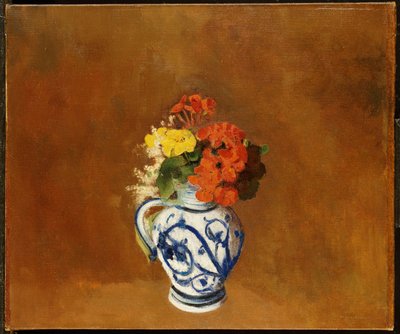 Pelargoner och andra blommor i en stengodsvas av Odilon Redon