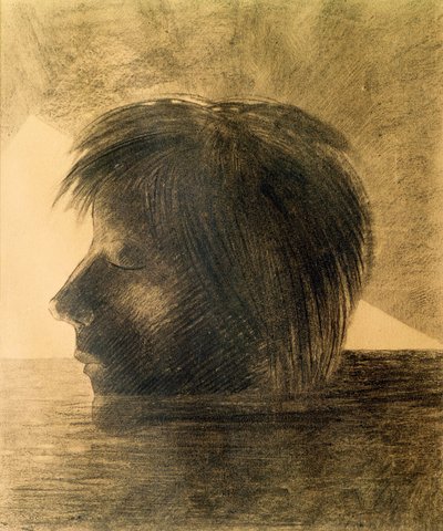 Orfeus huvud på vattnet eller Mystikern, 1880 (kol och blyerts på papper) av Odilon Redon