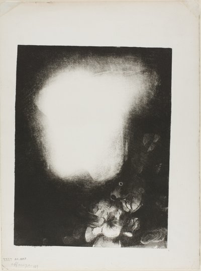 Huvud av kvinna med corsage av blommor av Odilon Redon