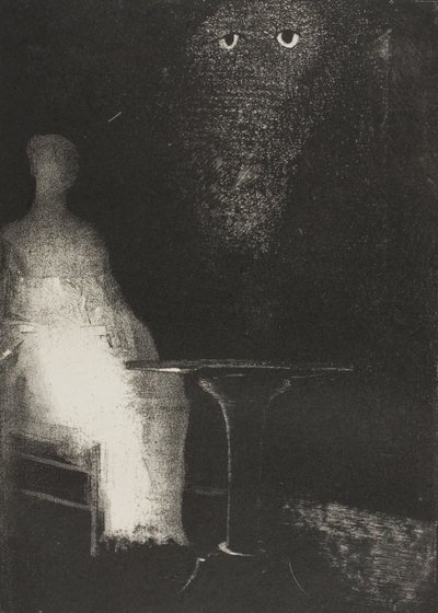 Jag fortsatte att stirra på stolen och tyckte att jag såg på den en blekblå dimmig kontur av en mänsklig figur, plåt 1 av 6 av Odilon Redon