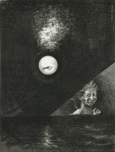 På horisonten, visshetens ängel, och på den mörka himlen, en frågande blick. Serie: För Edgar av Odilon Redon