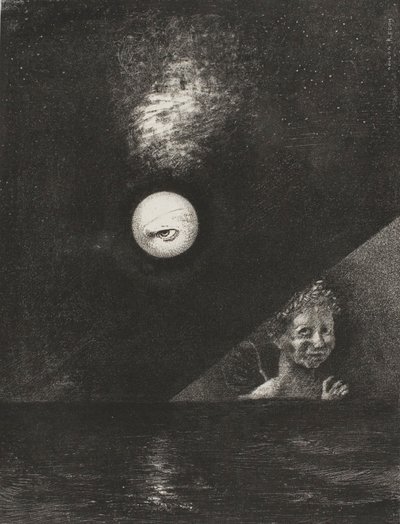 På horisonten en ängel av visshet och i den dystra himlen ett frågande öga, plansch fyra ur To Edgar Poe av Odilon Redon