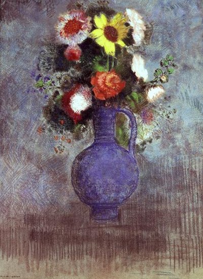 Stilleben av blommor i en blå vas (pastell) av Odilon Redon