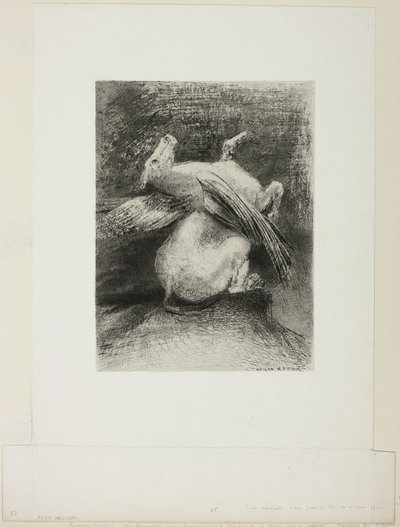 Den impotenta vingen lyfte inte djuret in i det svarta utrymmet, tallrik 7 av 8 från "Les Origines" av Odilon Redon