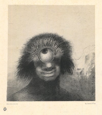 The Misshapen Polyp Floated on the Shores, en sorts leende och ohyggliga kyklop, från serien "Les Origines" av Odilon Redon
