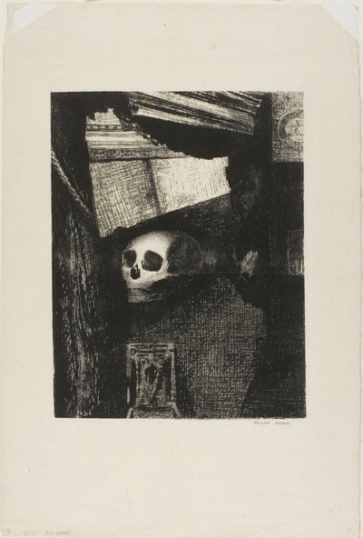 Genom en öppning i väggen syntes en dödskalle, plansch 1 från Edmond Picards Le Jure av Odilon Redon