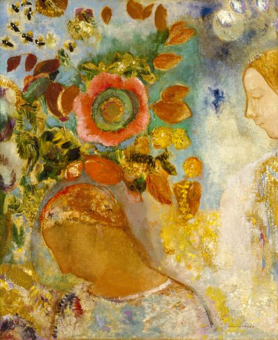 Två unga flickor bland blommor, 1912 av Odilon Redon