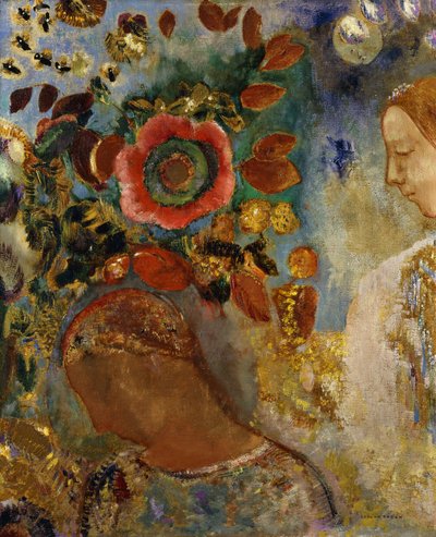 Två unga flickor med blommor; Två unga flickor i blommor, 1912 av Odilon Redon
