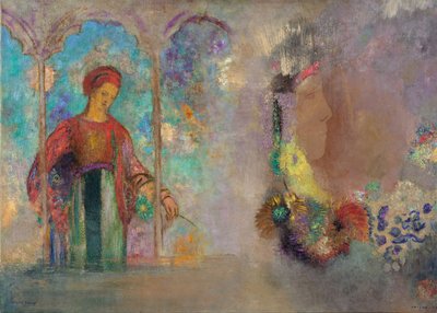 Kvinna i en gotisk arkad - Kvinna med blommor - Peinture de Odilon Redon (1840-1916) av Odilon Redon