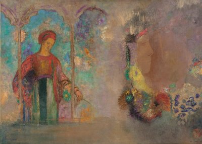 Kvinna i en gotisk arkad: kvinna med blommor av Odilon Redon