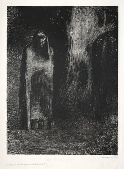 The Night: The Man Was Alone in a Night Landscape, 1886. av Odilon Redon Lemercier and Cie.
