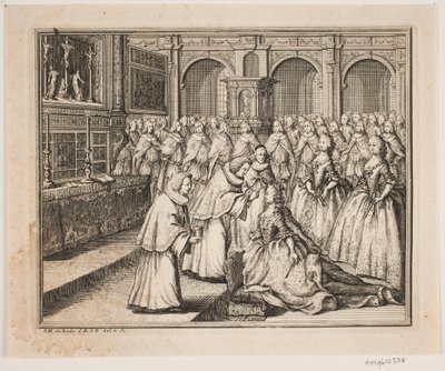 Biskop Hersleb smörjer drottning Louise i Frederiksborgs slottskyrka. Illustration till Frederik d. IV:s smörjelseakt av Odvardt Helmoldt de Lode