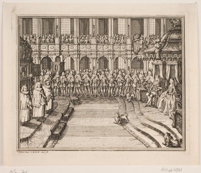 Kung Frederik V och drottning Louise under smörjelseceremonin i Frederiksborgs slottskyrka. Illustration till Frederik d. IV:s smörjelseakt av Odvardt Helmoldt de Lode