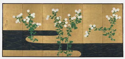 Chrysanthemums by a Stream, ett par vikskärmar med sex paneler, sent 1700-tal-tidigt 1800-tal (bläck och färg på förgyllt papper) av Ogata (follower of) Korin