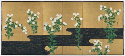 Chrysanthemums by a Stream, ett par vikskärmar med sex paneler, sent 1700-tal - tidigt 1800-tal (bläck och färg på förgyllt papper) av Ogata (follower of) Korin