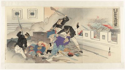 Skildring av det kinesisk-japanska kriget i Pyongyang Nisshin sensô Nissei Heijô shôho zu (titel på objekt) av Ogata Gekko