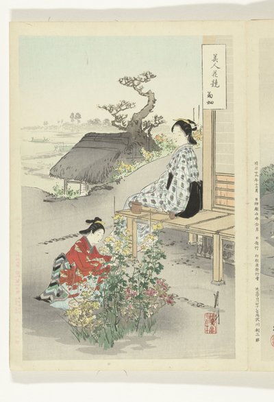Att ta hand om krysantemum Jämförelser mellan skönheter och blommor (serietitel) Bijin hana kurabe (serietitel på objekt) av Ogata Gekko