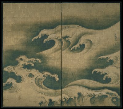 Rough Waves, tvåpanels vikskärm, c.1704-9 (bläck, färg och bladguld på papper) av Ogata Korin