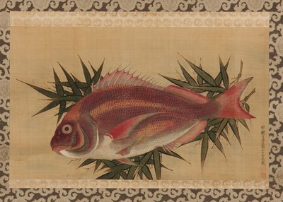Rødbrasen (Tai) på bambusblade, hængende rulle, 1700-tallet (farve på silke) sved av Ogawa Ritsuo Ogawa Ritsuo