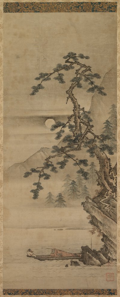 Månbelyst landskap av tall med gammal man i båt, Muromachi-perioden, 1392-1573. av Oguri Sotan