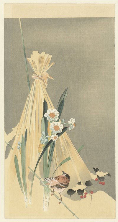 Sångfågel vid höbunt av Ohara Koson (attributed to)