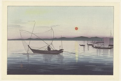 Båtar och solnedgång. av Ohara Koson