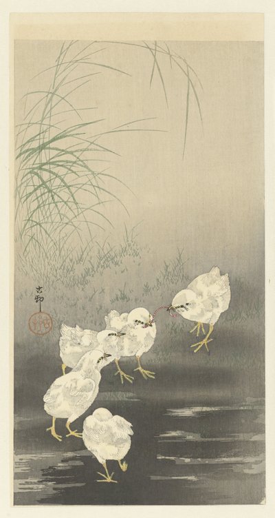 Kycklingar och mask av Ohara Koson