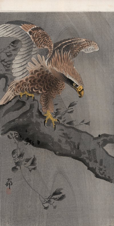 Örn med spridda vingar på trädstam (träblock i färg) av Ohara Koson