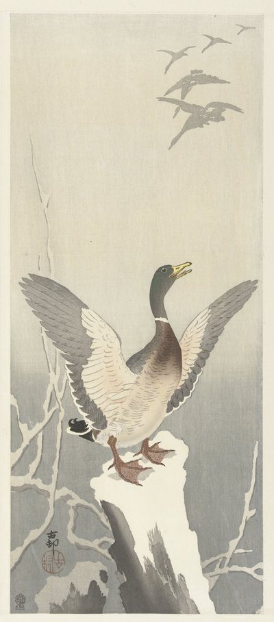 Anka på snöig trädstubbe av Ohara Koson