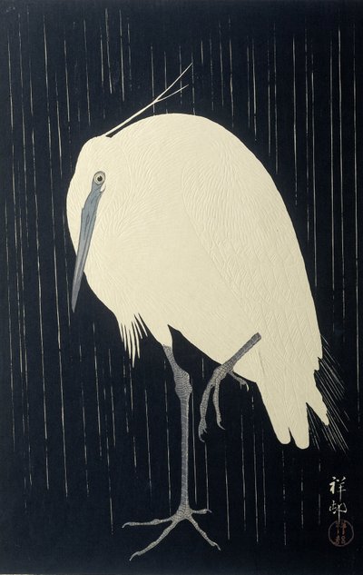 Häger i regnet, 1925-36 (träsnitt i färg) av Ohara Koson