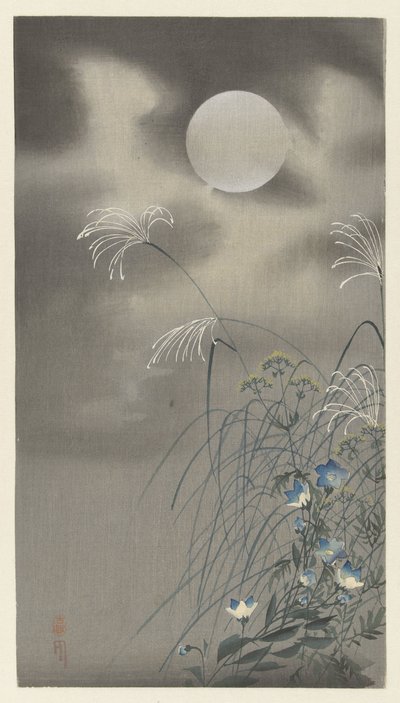 Gräs och blommor vid fullmåne av Ohara Koson