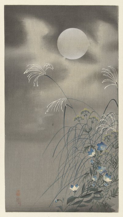 Gräs och blommor vid en fullmåne av Ohara Koson