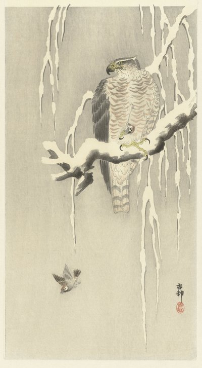 Hök med fången sparv. av Ohara Koson