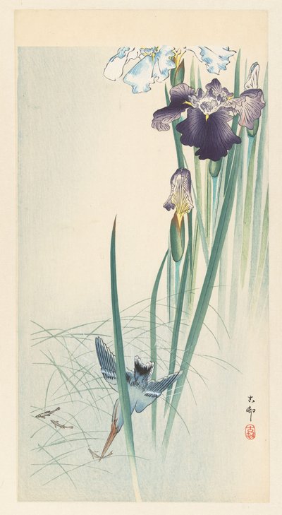 Kungsfiskare och iris av Ohara Koson