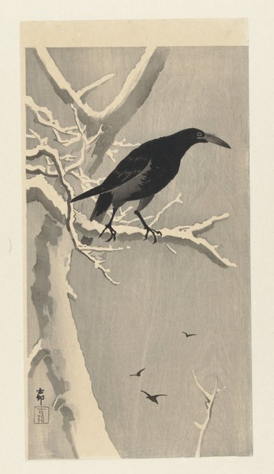 Kråka på snöig trädgren. av Ohara Koson