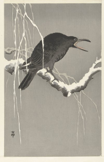 Kråka på snöig trädgren av Ohara Koson