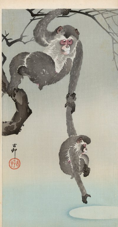 Apa och baby som sträcker sig efter månens reflektion av Ohara Koson
