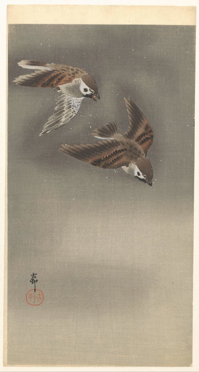 Ringsparvar i snö av Ohara Koson