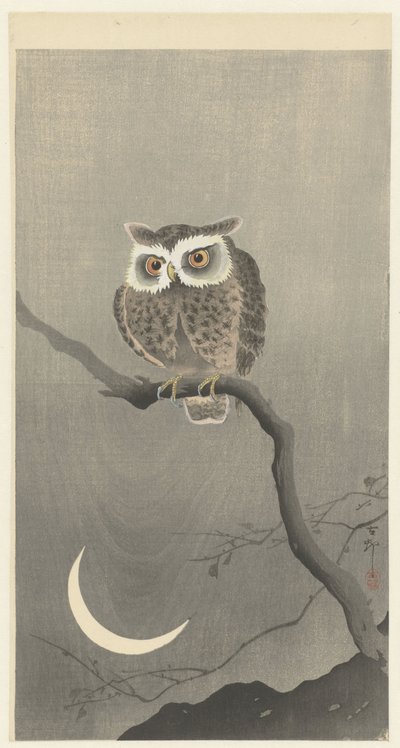 Scops uggla på en gren med halvmåne av Ohara Koson