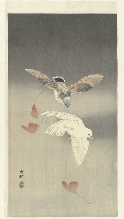 Två duvor nära fallande ginkgoblad av Ohara Koson